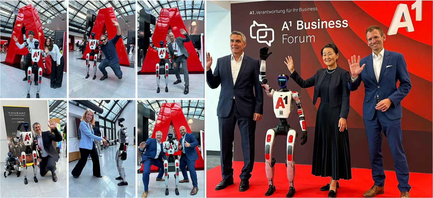 Unitree G1 humanoider Roboter beim A1 Business Forum 2026 in Wien mit Gästen und Event-Szenen