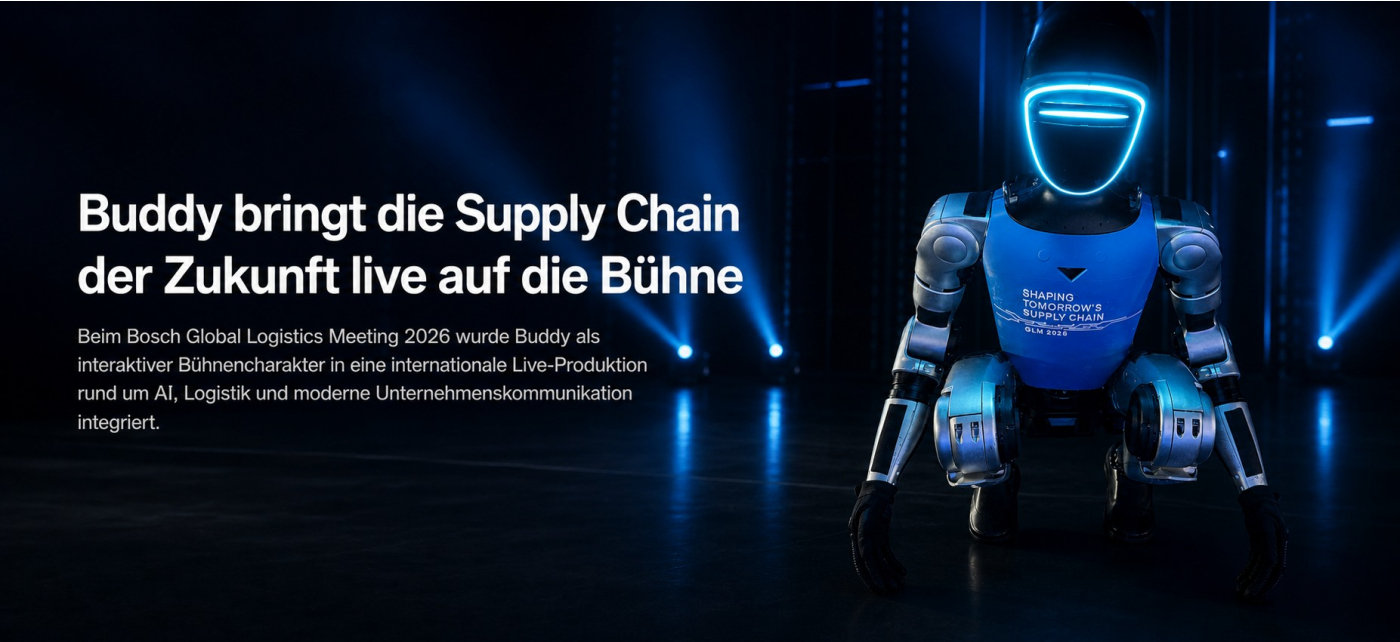 Humanoider Roboter Buddy mit GLM 2026 Branding für die Bosch Supply Chain Success Story