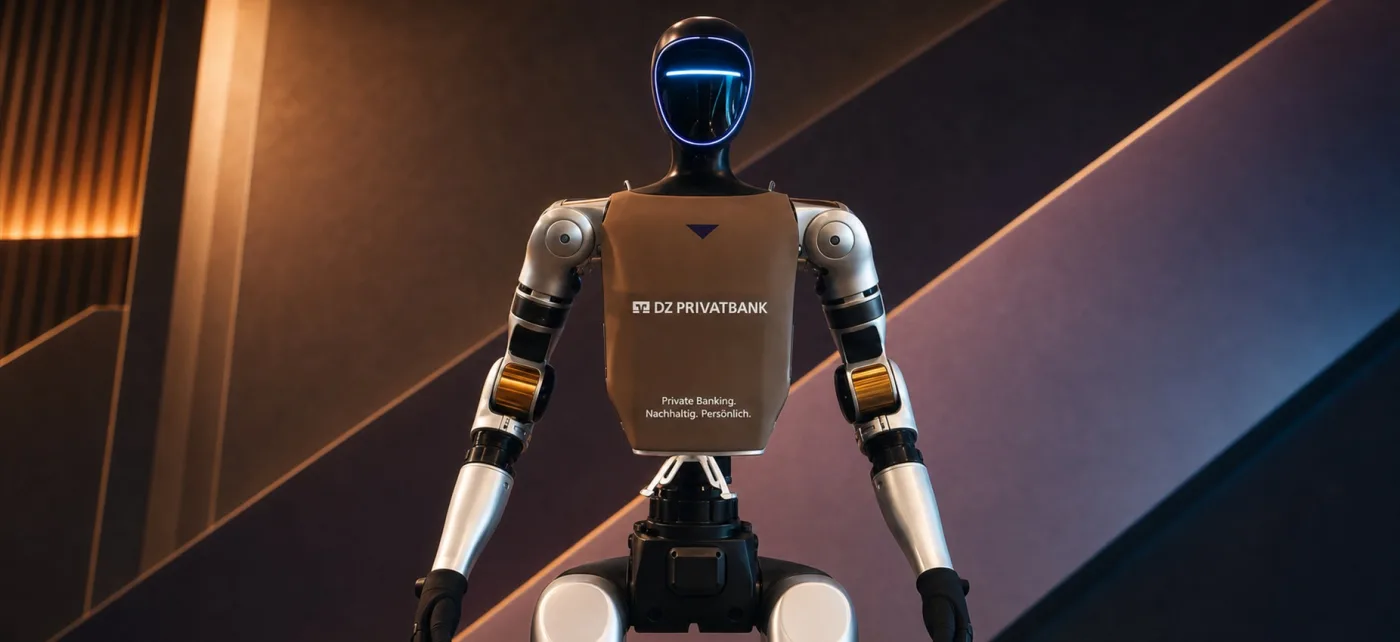 Nahaufnahme des gebrandeten Unitree G1 Roboters beim Innovationstag 2026 der DZ PRIVATBANK in Luxemburg