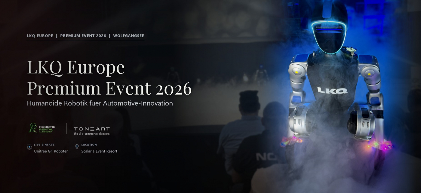 LKQ Europe Premium Event 2026 mit Unitree G1 humanoidem Roboter, RoboticRental und TONEART Branding sowie Eventbuehne am Wolfgangsee