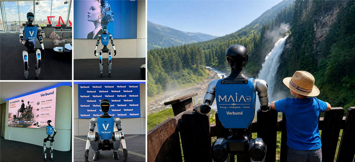 MAIA humanoid robot at the Verbund AG Symposium in Vienna with event scenes and waterfall backdrop