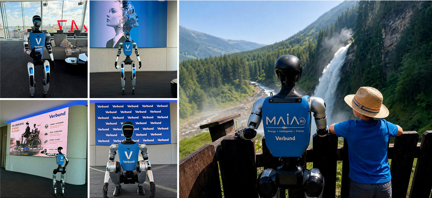 MAIA humanoid robot at the Verbund AG Symposium in Vienna with event scenes and waterfall backdrop