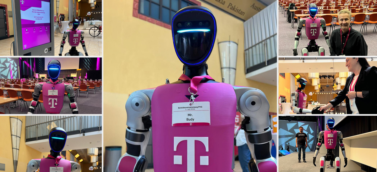 Mr. Buddy mit Telekom Badge bei der Betriebsversammlung Fulda