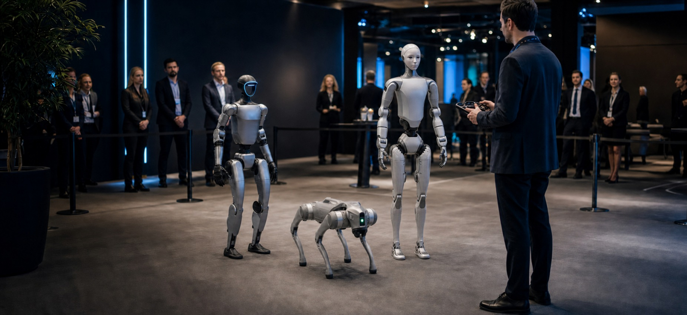 Unitree G1, Unitree Go2 Pro und Unitree H2 beim sicheren Robotik-Einsatz mit professionellem Operator