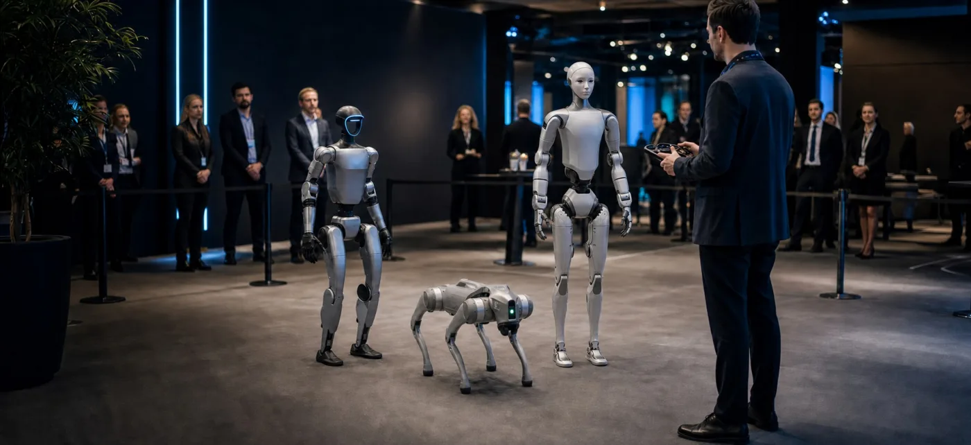 Unitree G1, Unitree Go2 Pro und Unitree H2 beim sicheren Robotik-Einsatz mit professionellem Operator