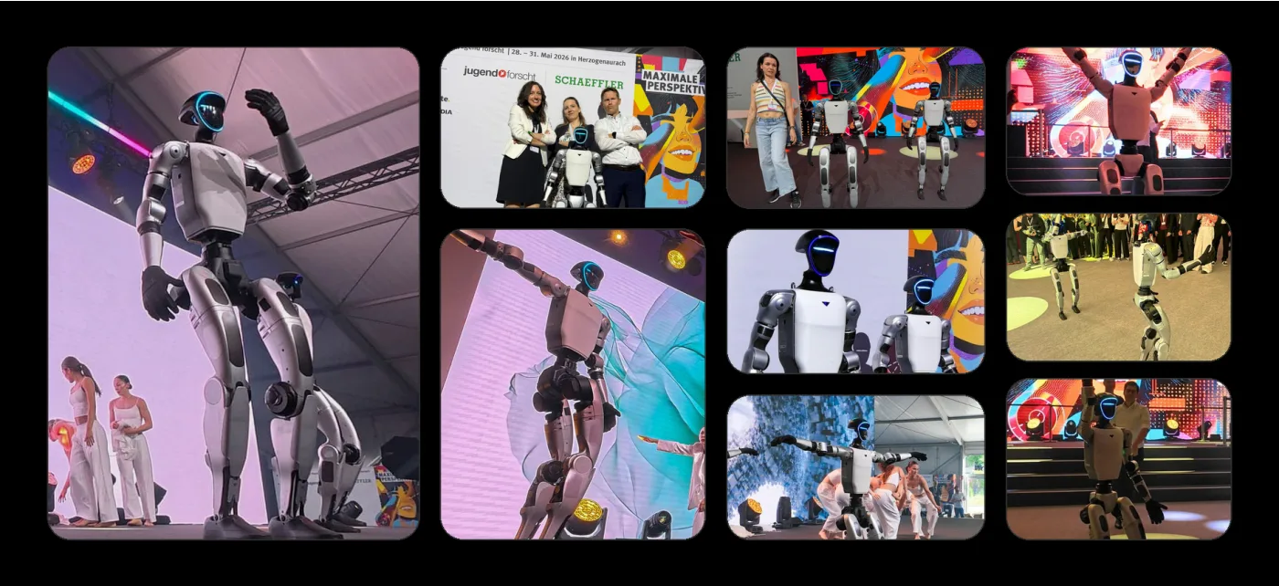 Collage der Unitree G1 Multi-Robotic-Show bei Schaeffler x Jugend forscht mit humanoiden Robotern und Tänzerinnen
