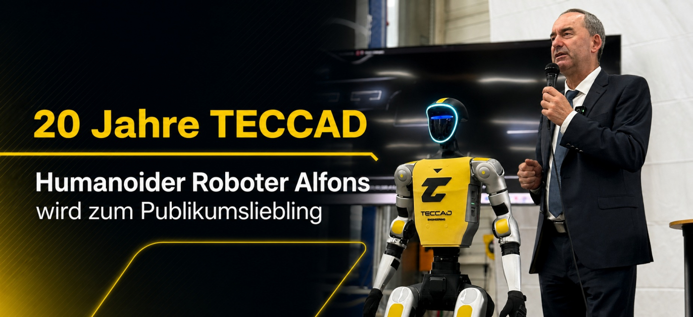 Hubert Aiwanger spricht neben dem humanoiden Roboter Alfons beim 20-jährigen Jubiläum von TECCAD