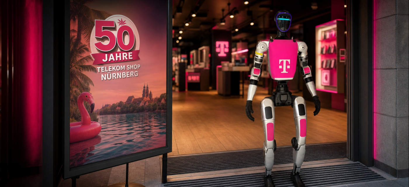 Humanoider Event-Roboter im Telekom Design vor dem Telekom Shop Nürnberg