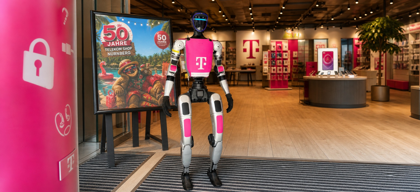 Telekom-gebrandeter Unitree G1 beim 50-jährigen Jubiläum des Telekom Shops Nürnberg