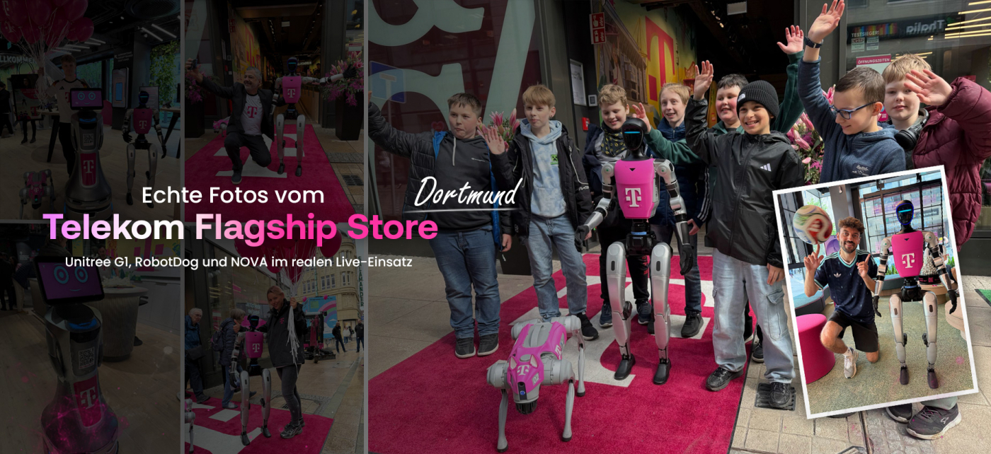 Echte Fotos vom Telekom Flagship Store Dortmund mit Unitree G1, RobotDog und NOVA im Live-Einsatz von RoboticRental