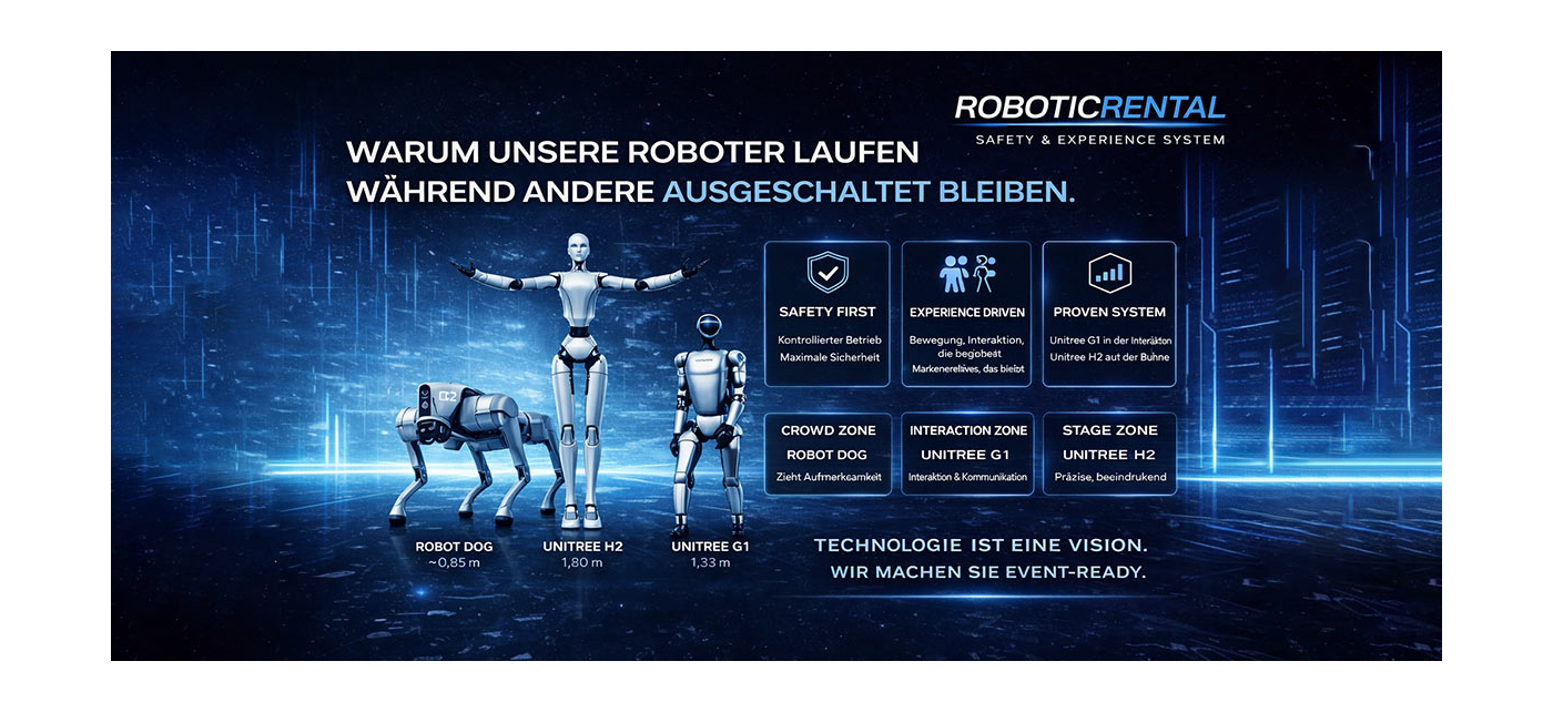 Banner zur RoboticRental Success Story mit Robot Dog Unitree Go2 Pro Unitree H2 und Unitree G1 fuer den sicheren Eventeinsatz auf Messen und Veranstaltungen