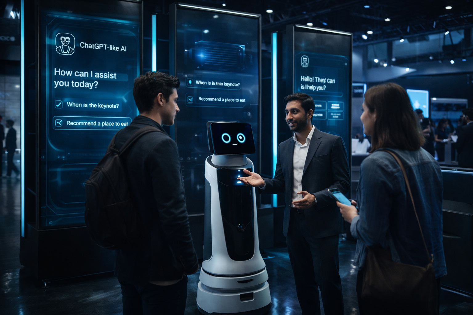 AI-Agent für Events und Promotion von RoboticRental im Messeeinsatz mit Besuchern
