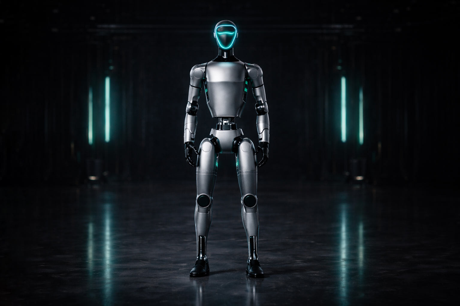 Humanoider Roboter in Frontansicht als aktiver Touchpoint für AI-Agenten von RoboticRental