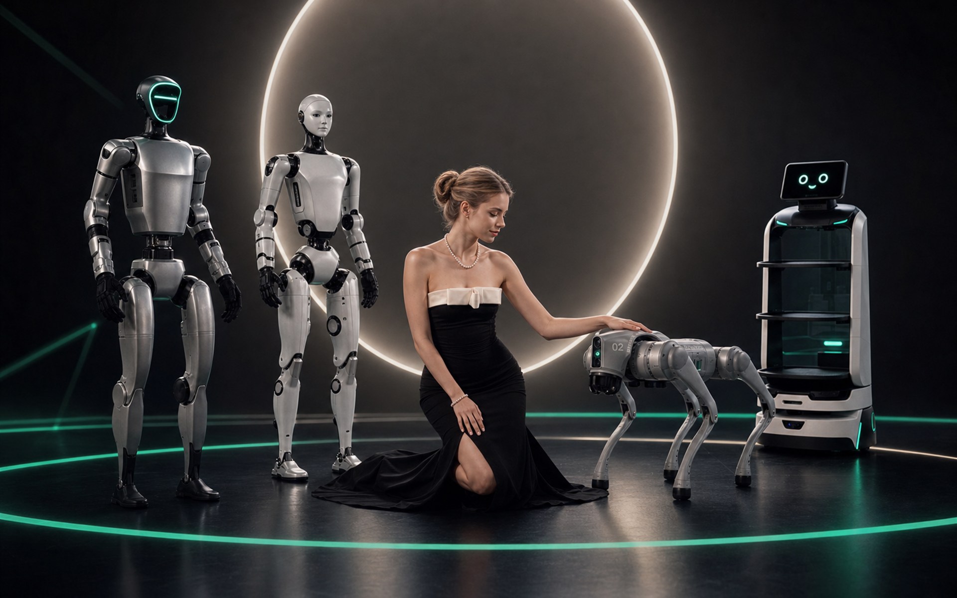AI Host interagiert mit Unitree Go2 Pro Robot Dog neben Unitree G1, Unitree H2 und LuckiBot
