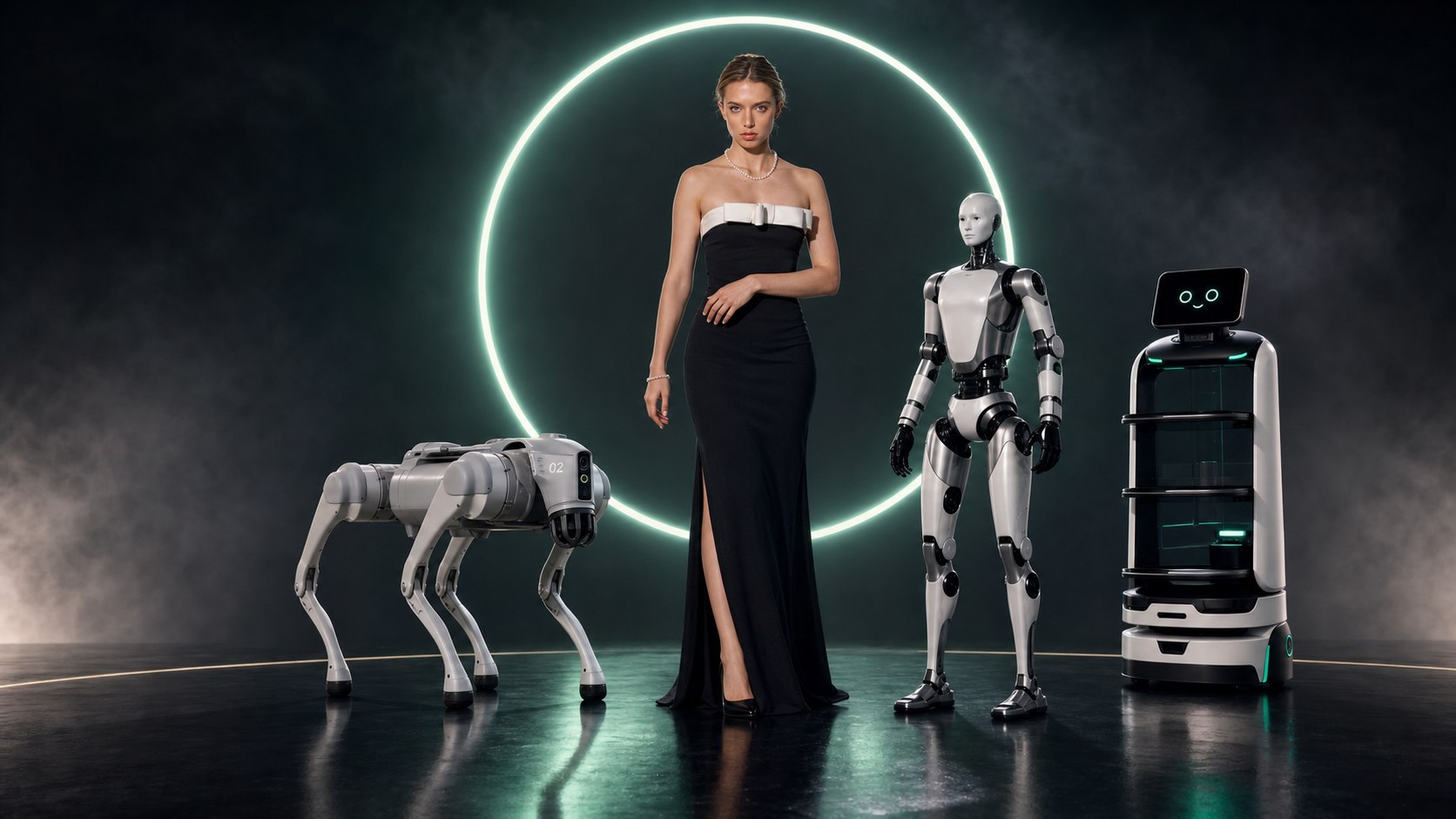 AI Host Lisa mit Unitree Go2 Pro Roboterhund, Unitree H2 und LuckiBot auf dunkler Eventbühne