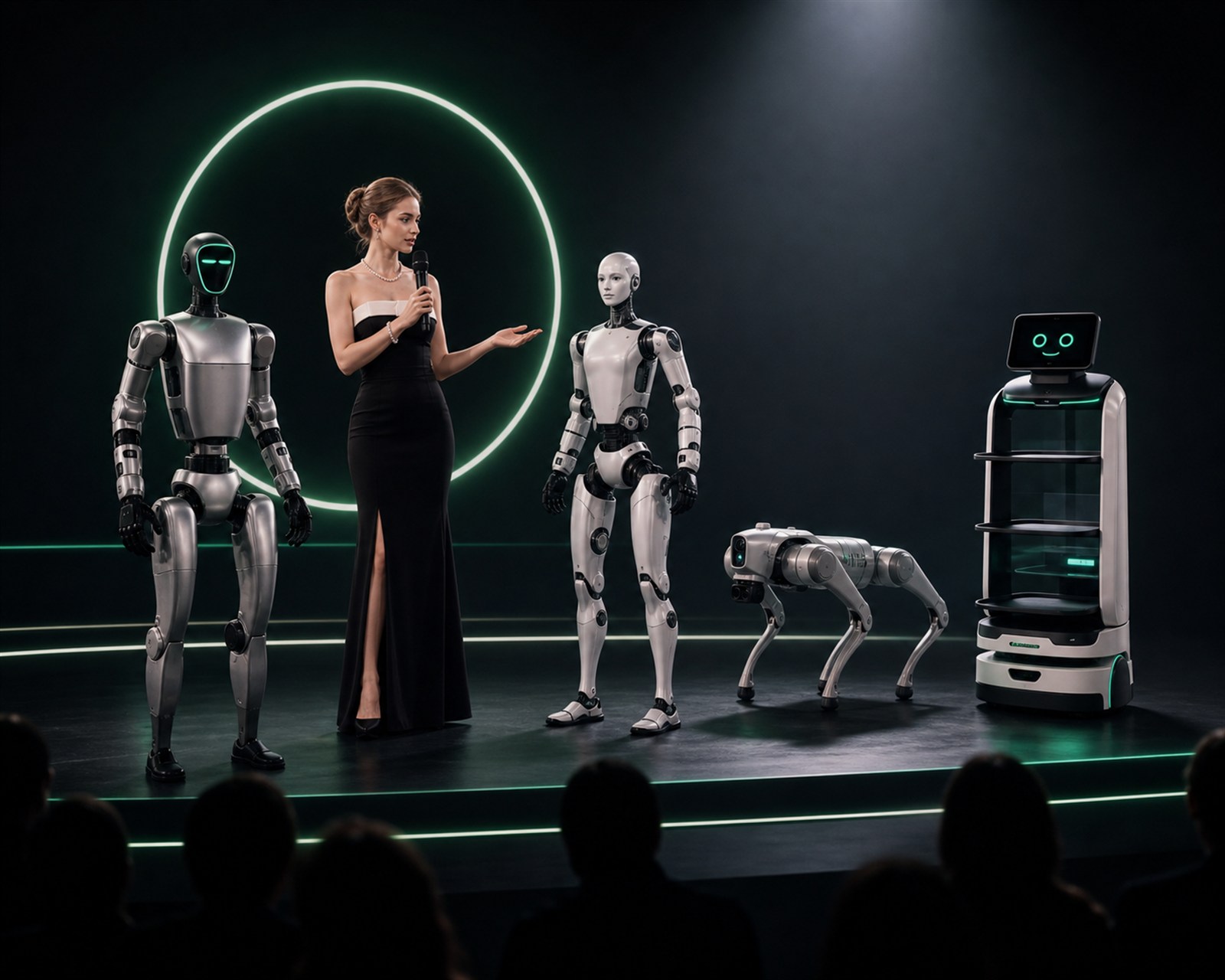 AI Host moderiert Robotics Show mit Unitree G1, Unitree H2, Go2 Pro Robot Dog und LuckiBot
