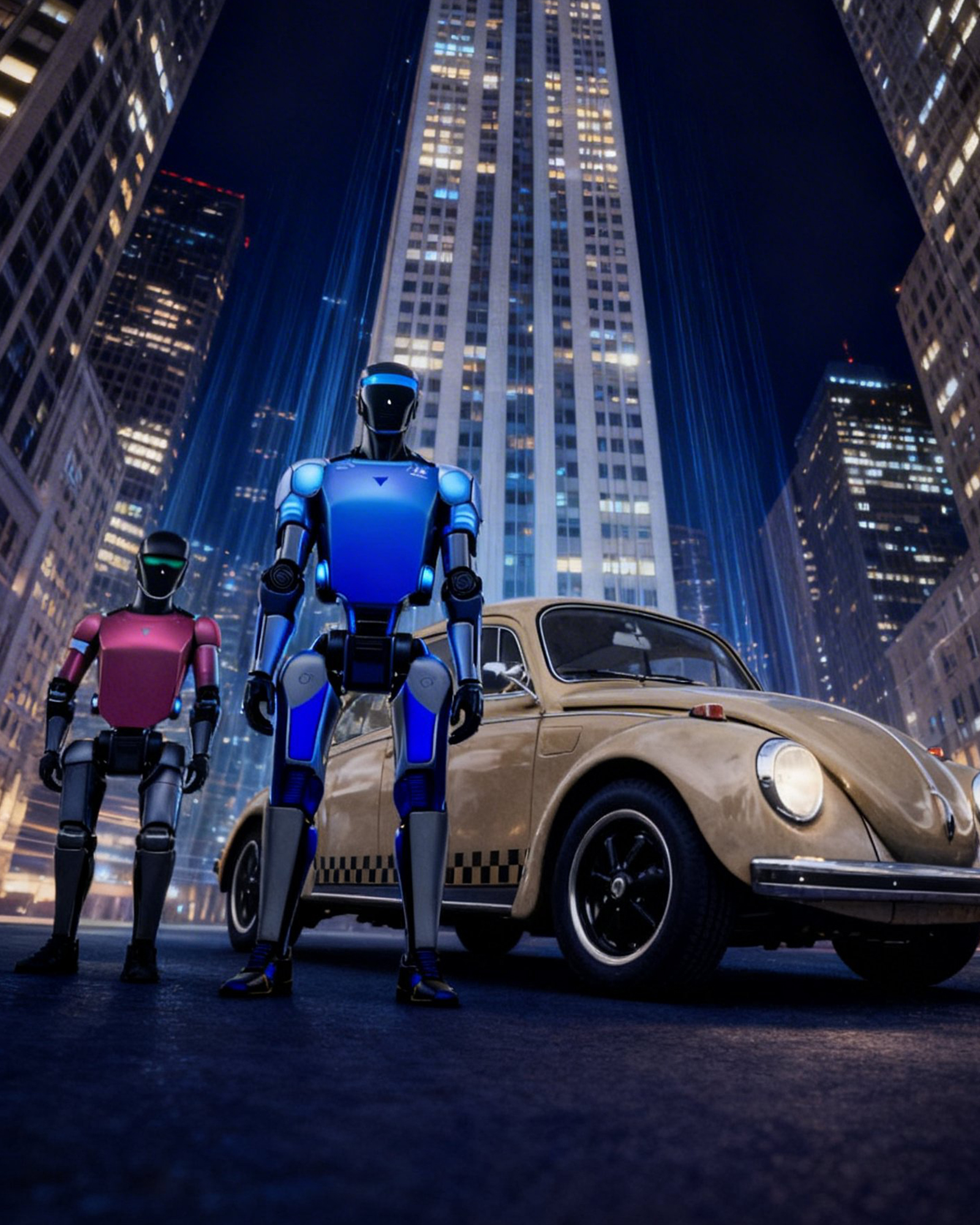 Editorialaufnahme eines Classic Meets AI Event-Setups mit Oldtimer und Robotik