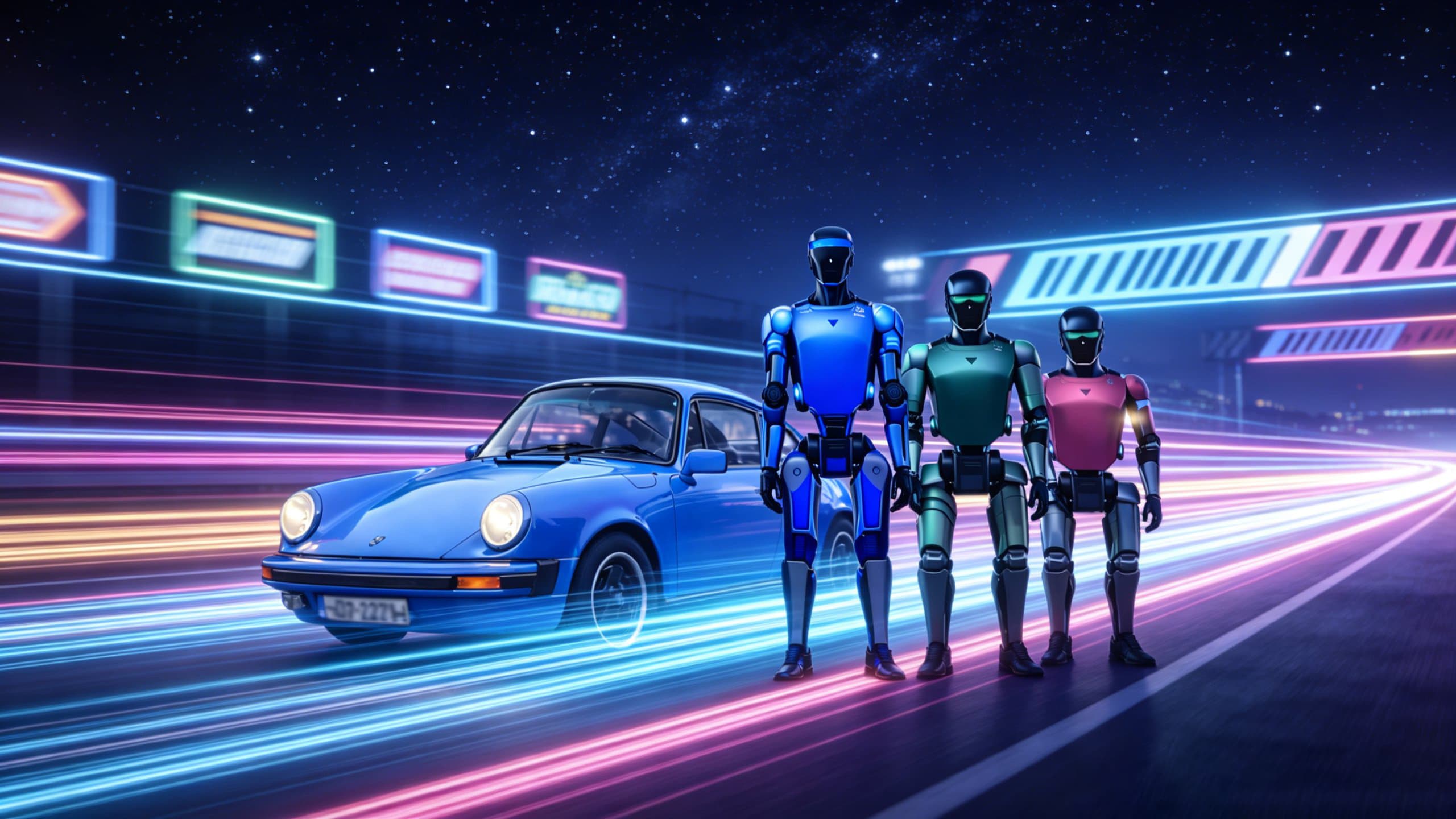 Porsche 911 mit humanoidem Roboter für VIP-Empfang und Markeninszenierung