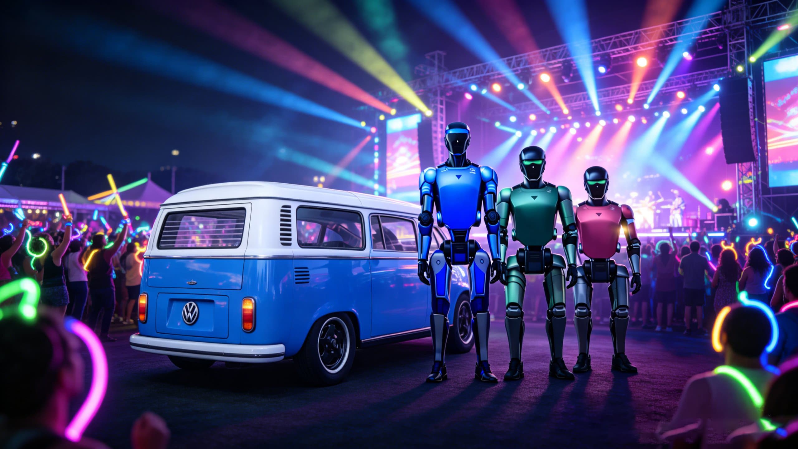VW Bulli mit Service-Roboter für Empfang und Gästebetreuung