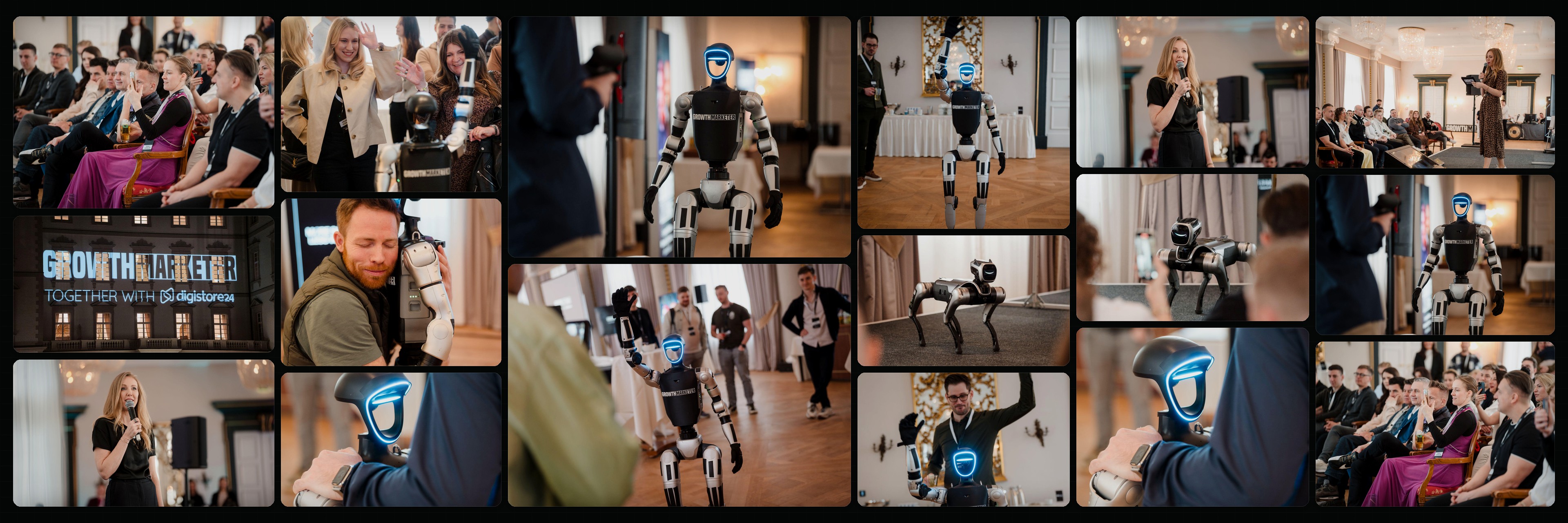 Growth Marketer Summit 2026 Bildcollage mit Publikum, humanoidem Roboter, Robot Dog, Bühne und Projection Mapping im Schloss Bensberg