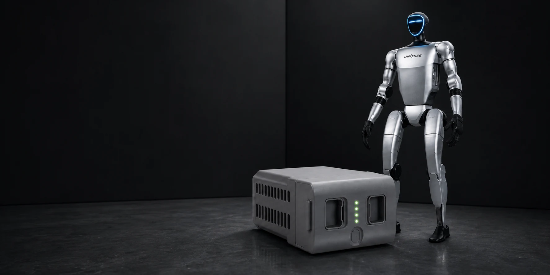 Unitree G1 und Akku-Modul in einer dunklen technischen Studioaufnahme