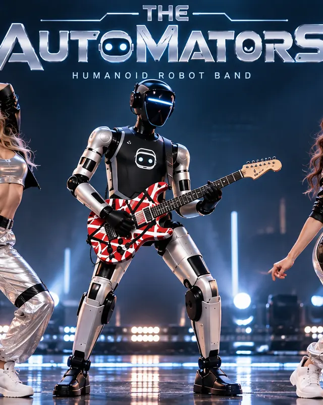 Humanoider Robot Gitarrist mit E-Gitarre der THE AUTOMATORS Robot Band