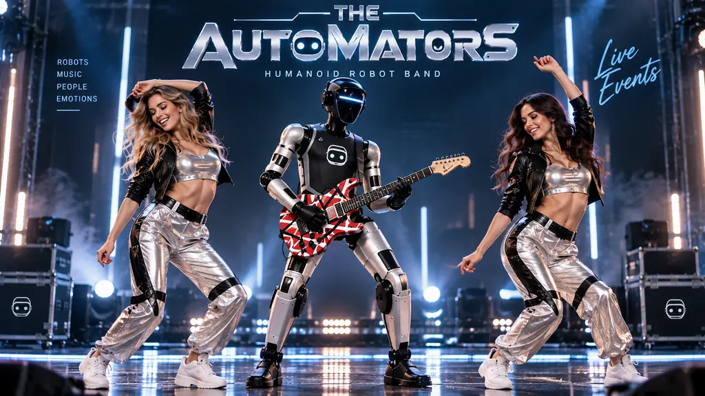 Humanoider Robot Gitarrist mit zwei Tänzerinnen als Show Act für Corporate Events