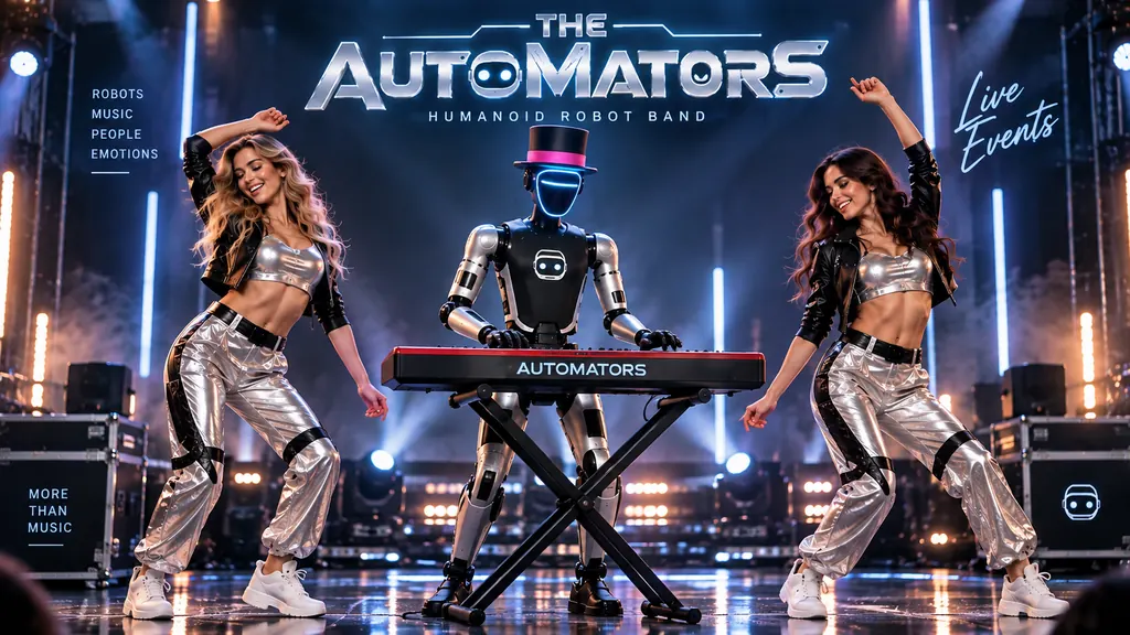 Humanoider Robot Keyboarder mit zwei Tänzerinnen für Firmenfeier, Messe und Live Event