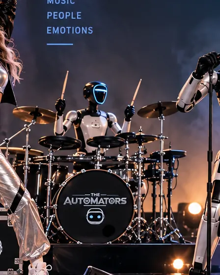 Humanoider Robot Schlagzeuger als stehender Drummer der THE AUTOMATORS Robot Band