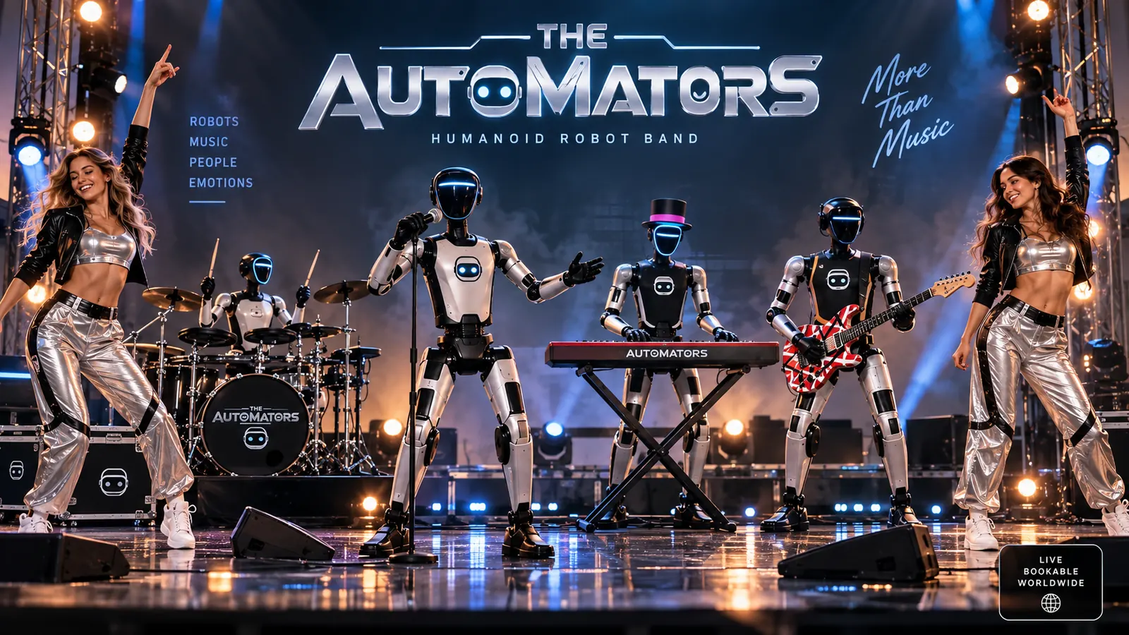 THE AUTOMATORS humanoide Robot Band mit Sänger, Gitarrist, Keyboarder, Schlagzeuger und Tänzerinnen für Live Events