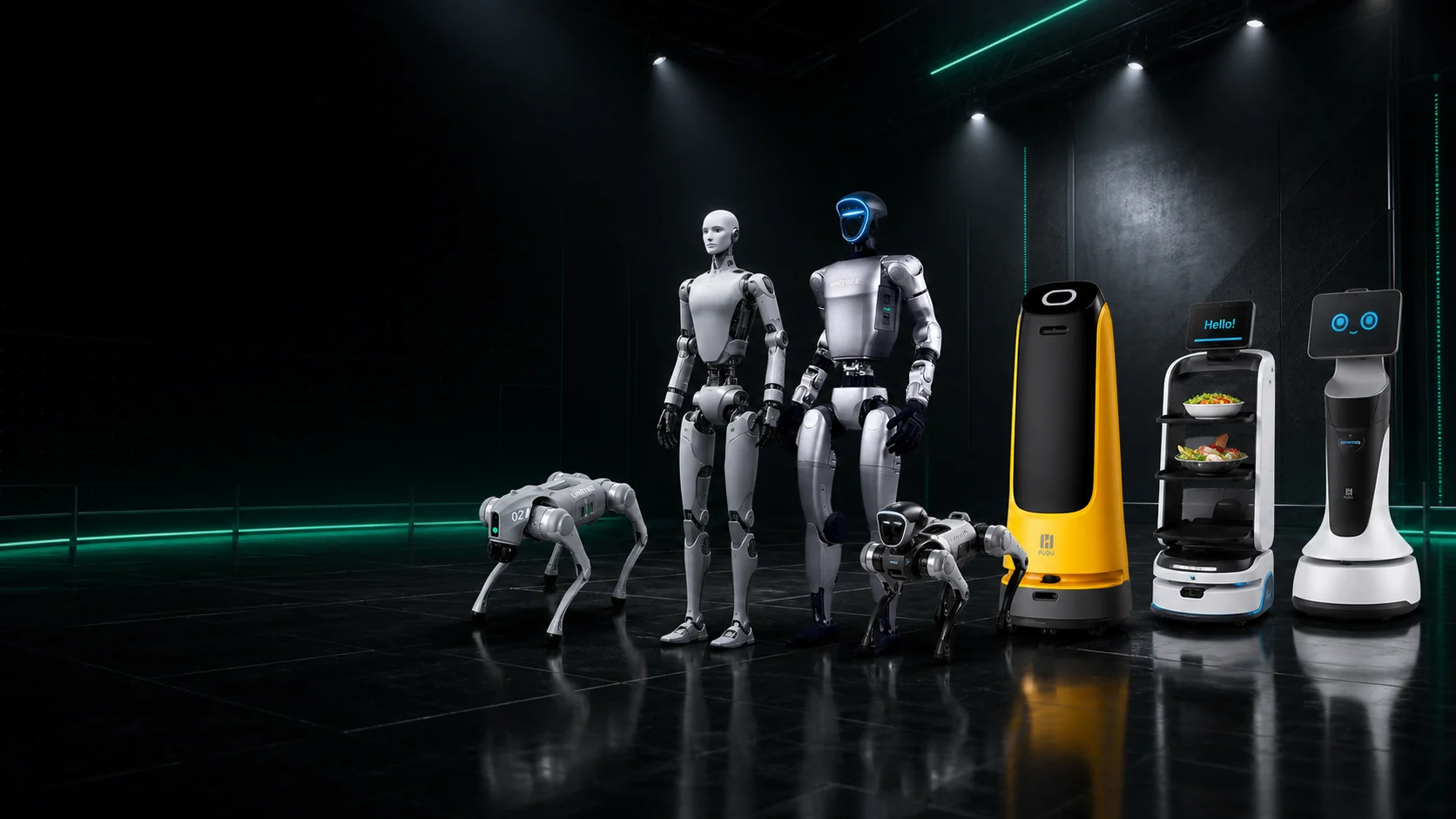 ROBOT GRAND PRIX Bühne mit Unitree H2 Research, Unitree G1 Event, Unitree Go2 Pro, MagicDog Pro, Pudu KettyBot Pro und OrionStar Service-Robotern