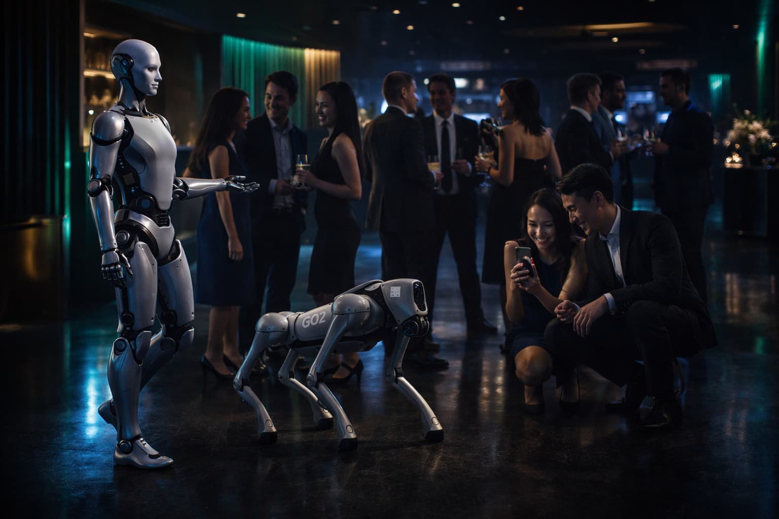 Eventgäste interagieren in einer Pause mit einem humanoiden Roboter und einem Robot Dog