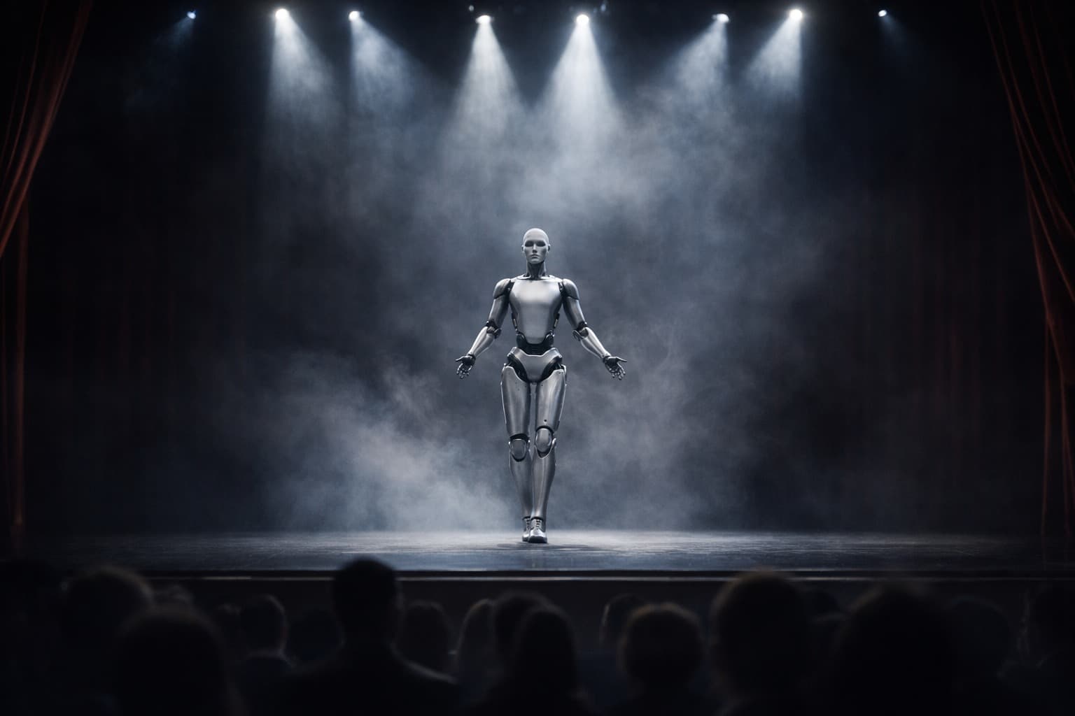 Professionelle Bühneninszenierung mit Spotlights und Rauch rund um einen Roboterauftritt