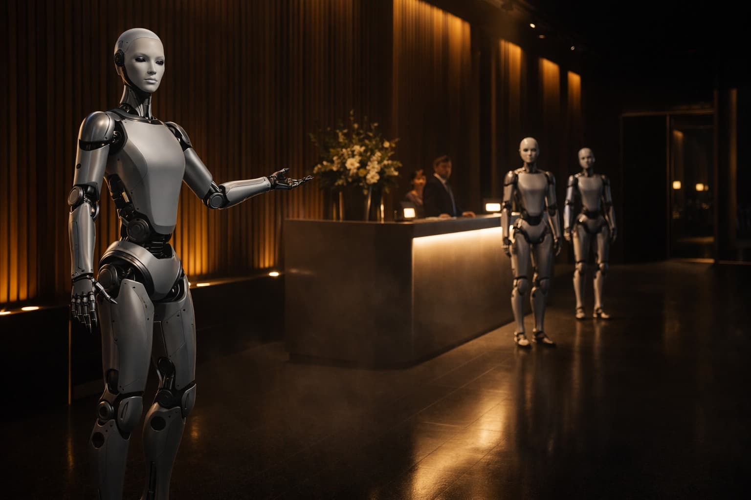 Moderne Hotellobby mit warmer Beleuchtung, in der Roboter Gäste beim Empfang unterstützen