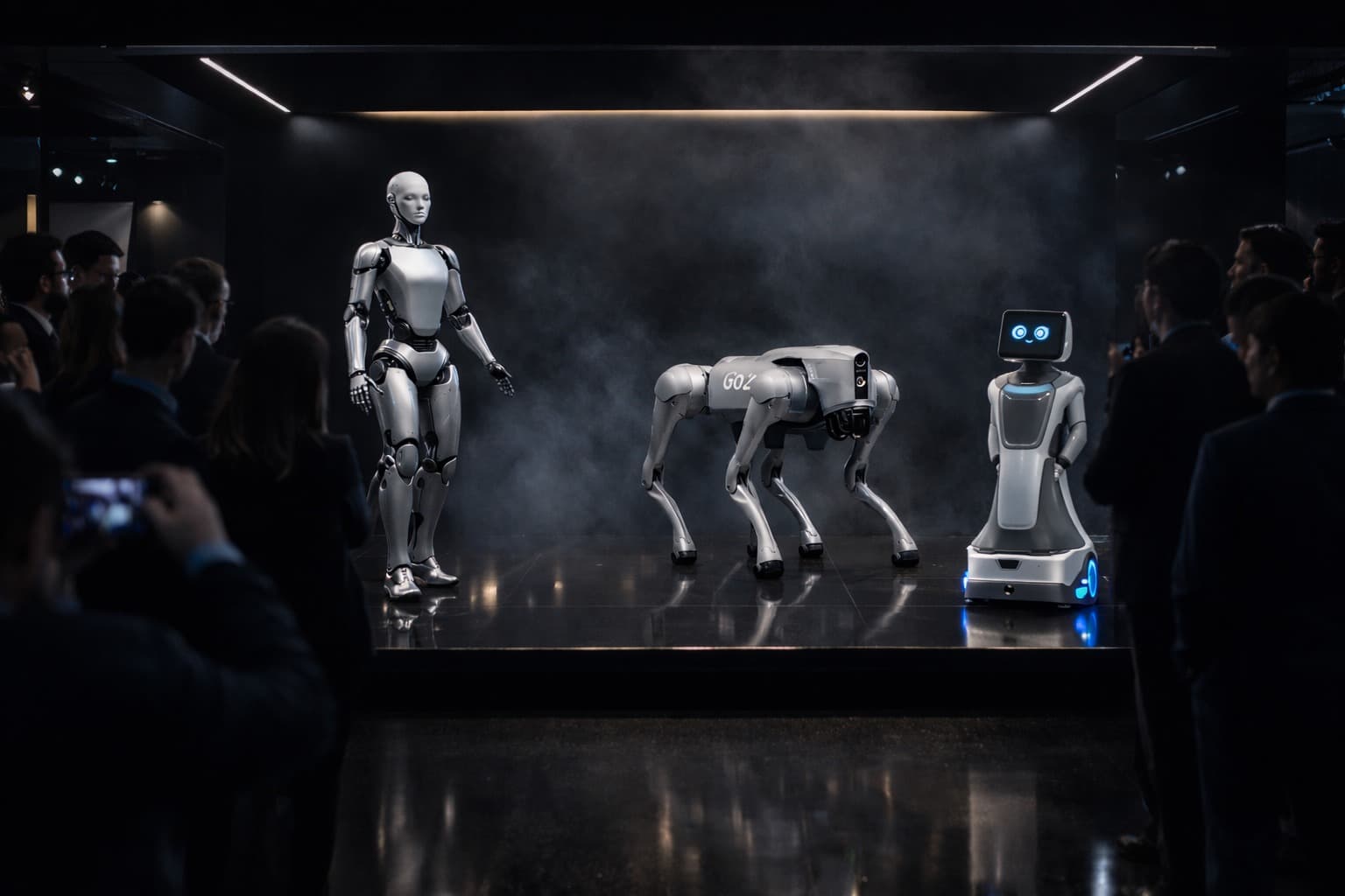 Koordinierte Roboterinszenierung mit humanoidem Roboter, Robot Dog und Service-Bot auf einer Messefläche