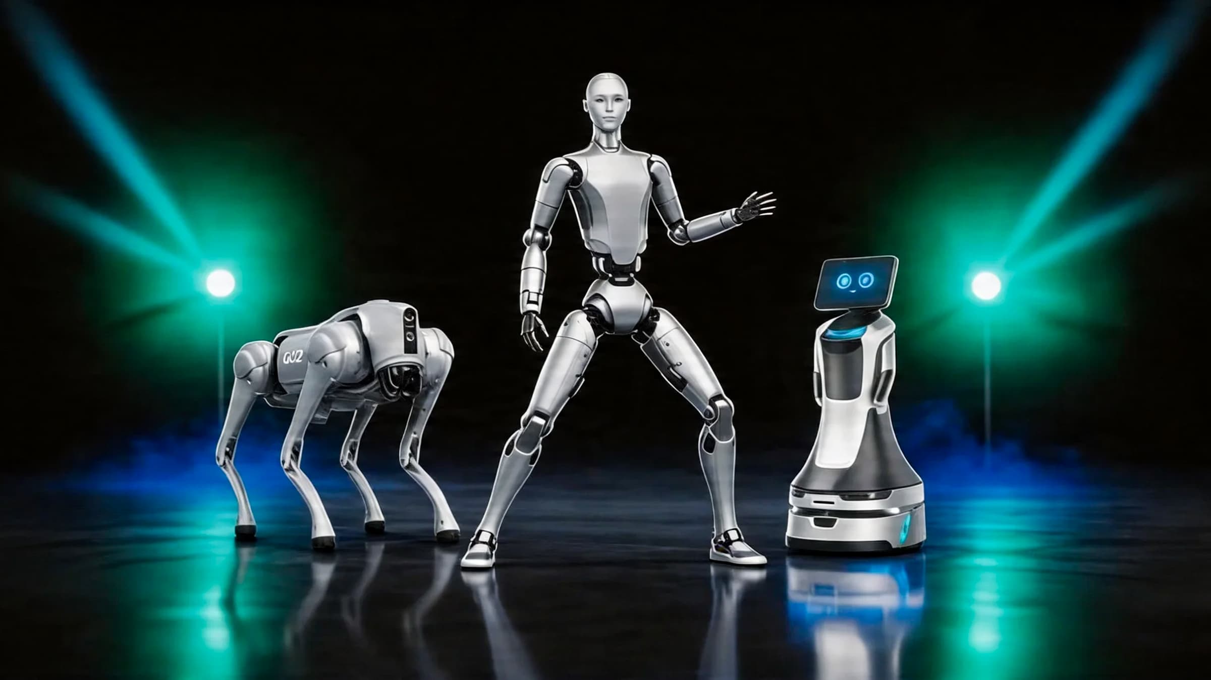 Robotercloud mit Unitree H2, Go2 Pro und OrionStar Nova in koordinierter Formation für Events, Messen und Konferenzen