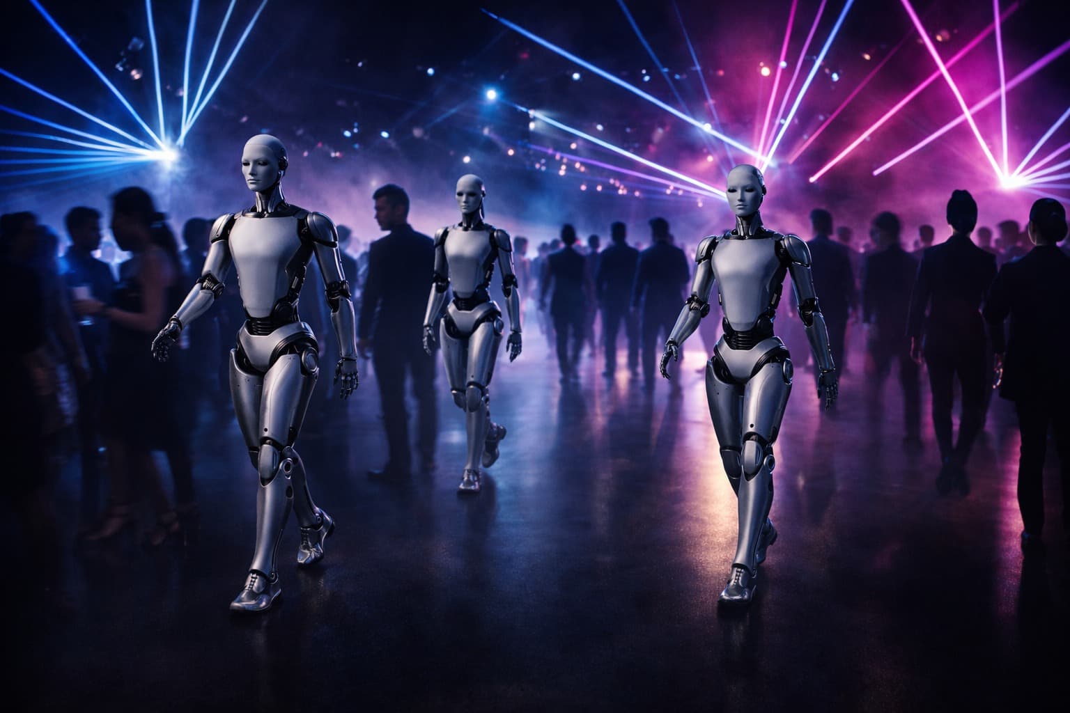 Eventhalle mit farbiger Bühnenbeleuchtung und Publikum während eines Roboter-Walking-Acts