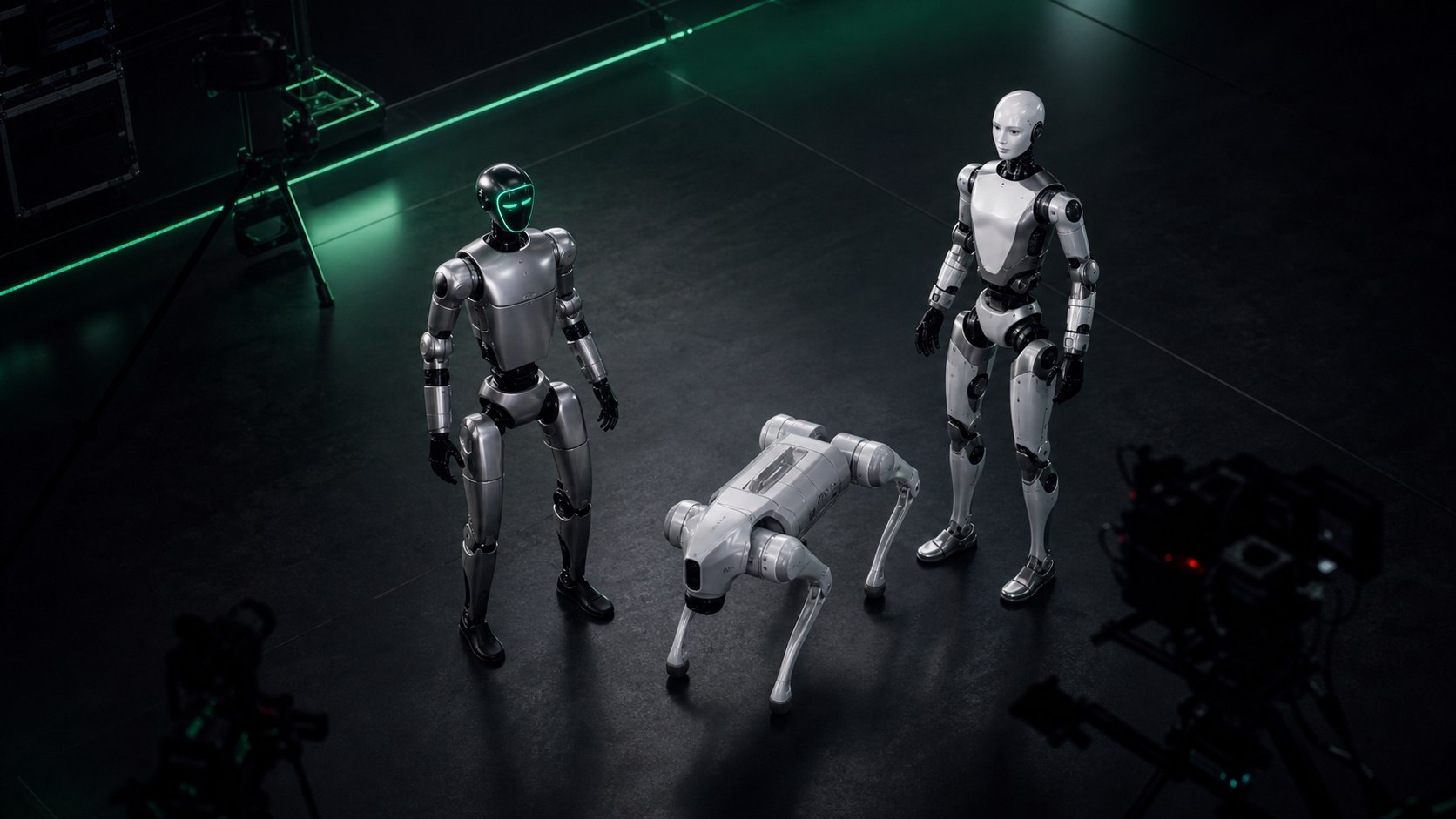Draufsicht auf eine Robotik-Media-Szene mit zwei humanoiden Robotern und einem Robot Dog auf einer dunklen Eventbuehne