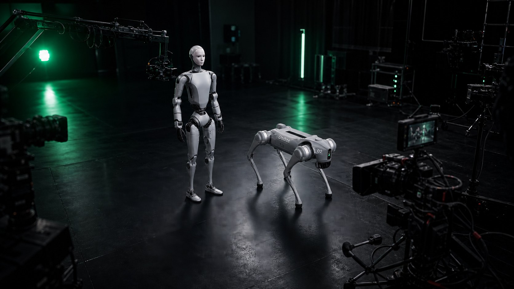 Unitree H2 Basic und Unitree Go2 in einer Robotik-Media-Produktion mit professionellen Kamerarigs auf dunkler Studiobuehne