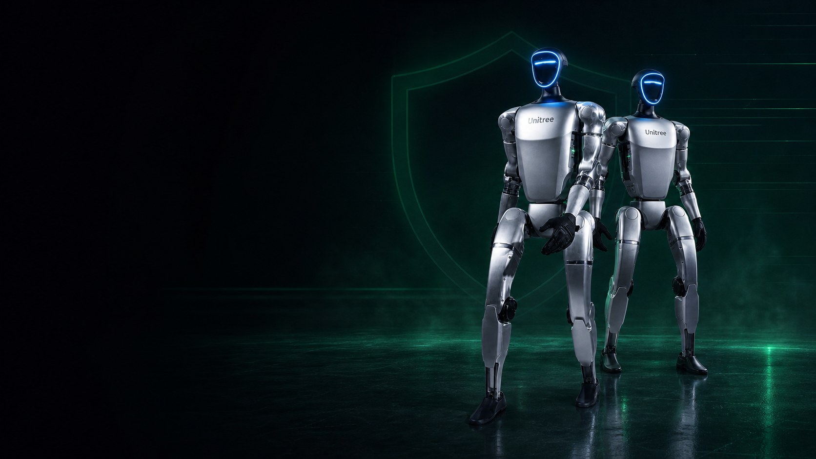 Zwei Unitree G1 Roboter in einem futuristischen Sicherheitsstudio