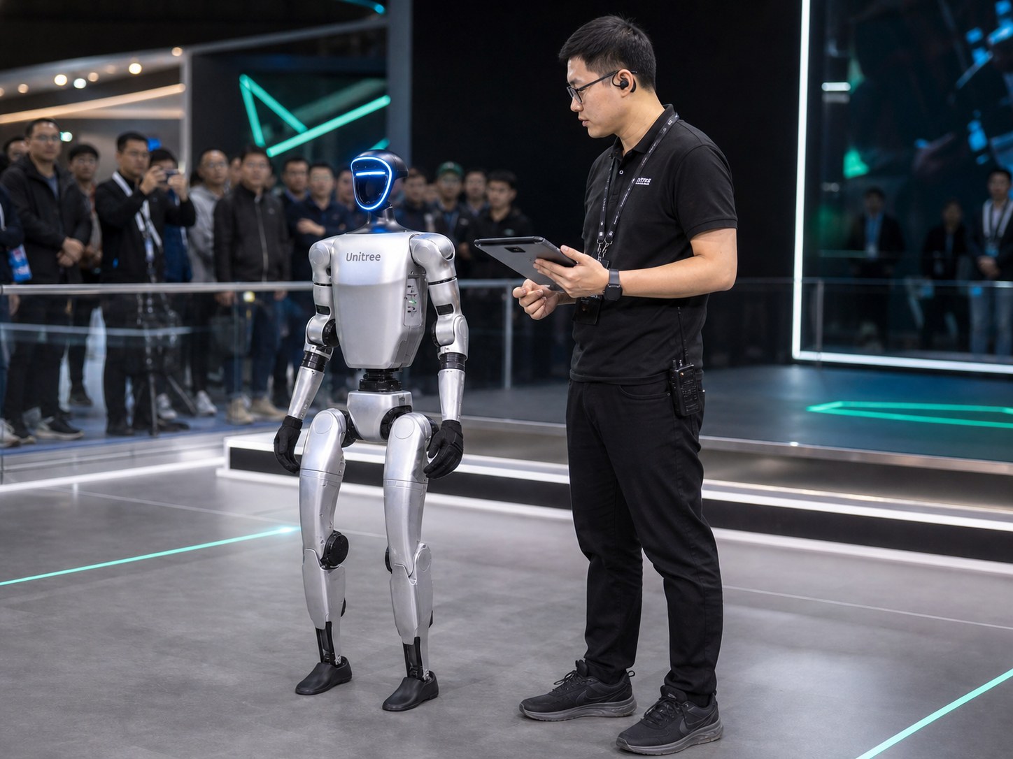 Operator überwacht einen Unitree G1 Roboter in einer kontrollierten Eventzone