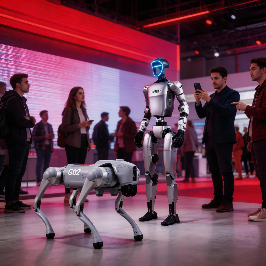 Humanoider Roboter und Roboterhund bei einer interaktiven Event-Demonstration mit Messegästen