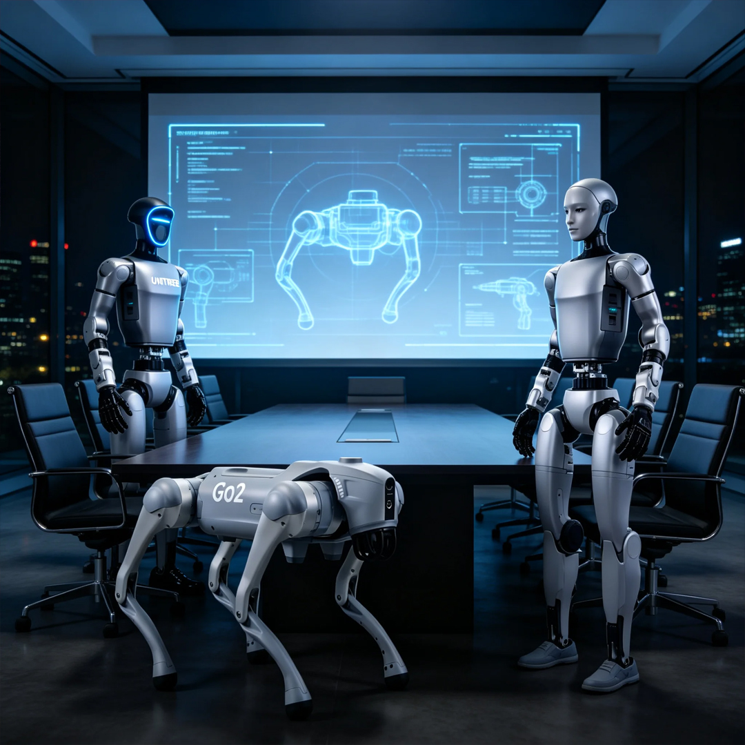 Poster von Signature Cine Production mit humanoiden Robotern und einem Roboterhund in einer Technologiepräsentation im Boardroom