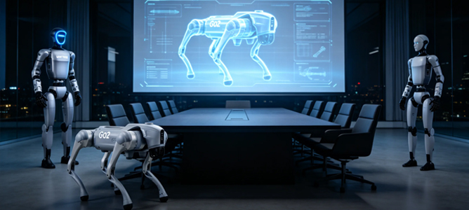 Roboterhund und humanoider Roboter in einer strategischen Demonstration im Boardroom