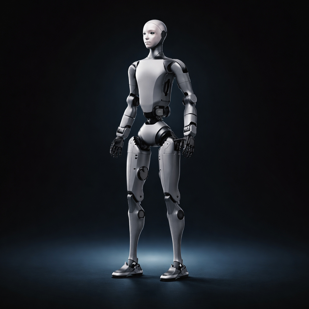 Unitree H2 als 3D-Rendering eines humanoiden Roboters vor dunklem Hintergrund