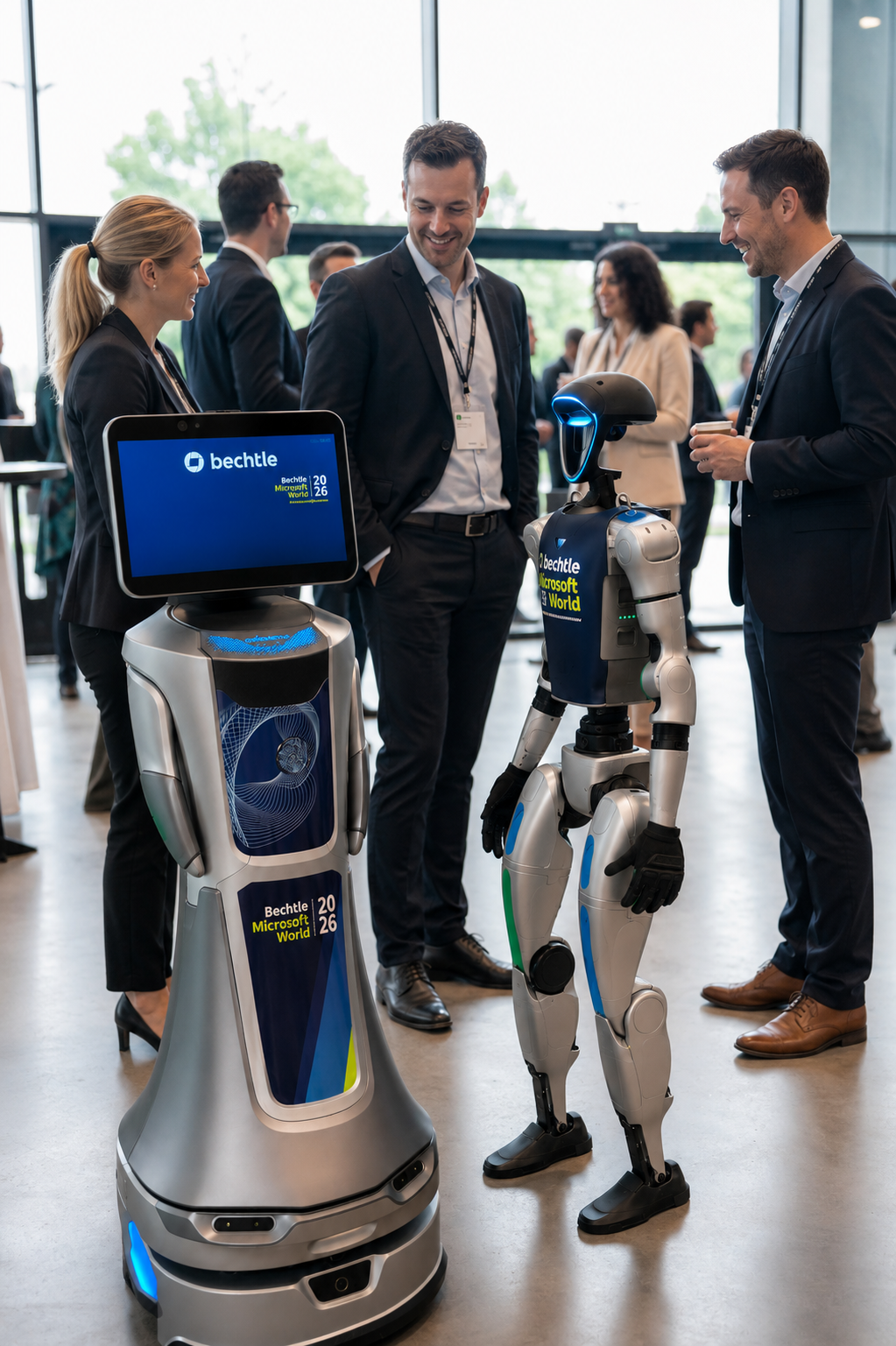Humanoider Roboter Alfons und Service-Roboter im Gespräch mit Gästen der Bechtle Microsoft World 2026