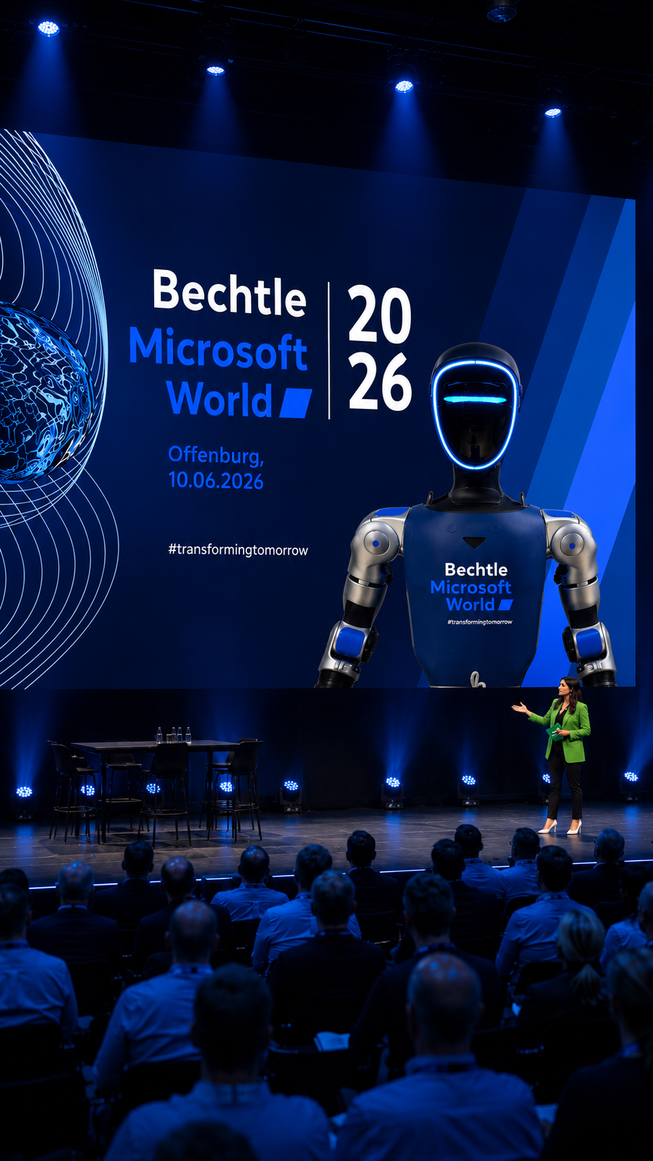 Bechtle Microsoft World 2026 Bühnenmoment mit humanoidem Roboter Alfons vor Publikum