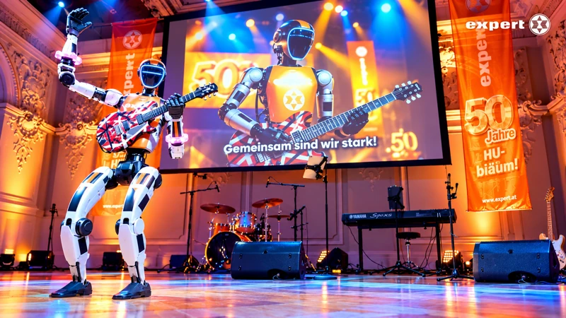 Unitree G1 mit rot-weiß-schwarzer E-Gitarre vor der expert-Jubiläumsanimation auf der Bühne