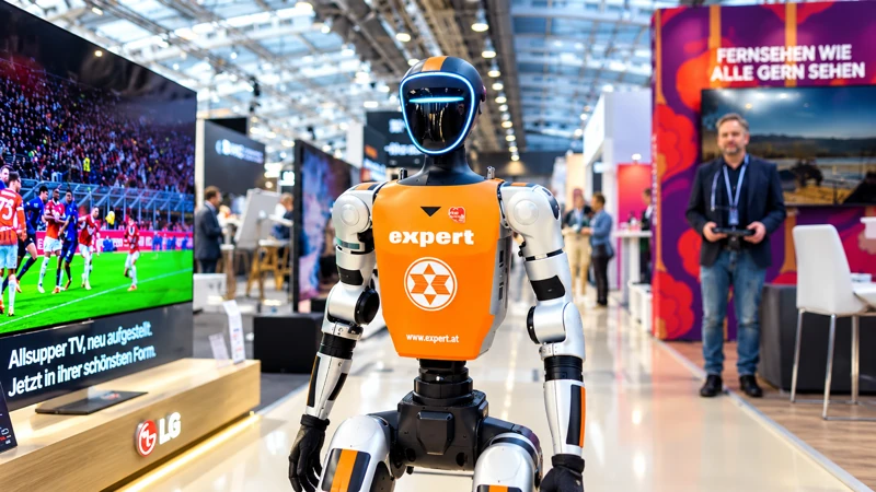 Unitree G1 mit orangefarbener expert-Brustverkleidung neben einem großen TV-Display auf der Messe