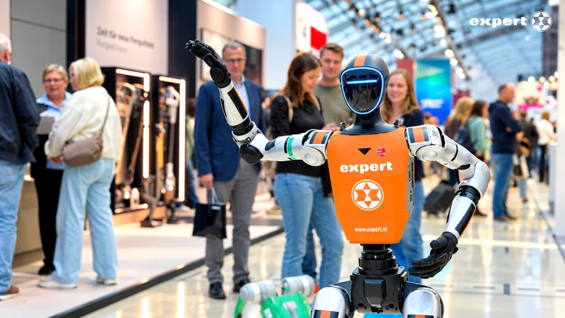 Orange gebrandeter Unitree G1 winkt zwischen den Besuchern der Elektrofachhandelstage